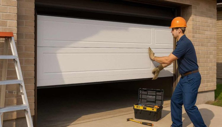 pracownik w kasku montujący segmentową bramę garażową w garażu jednorodzinnym